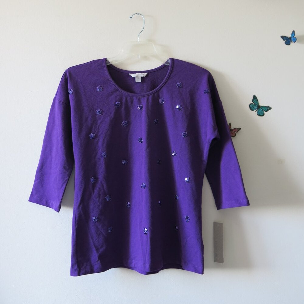 Laura Ashley Violet Scarf Cotton Floral Sequins 3/4 Sleeves T-Shirt Size M